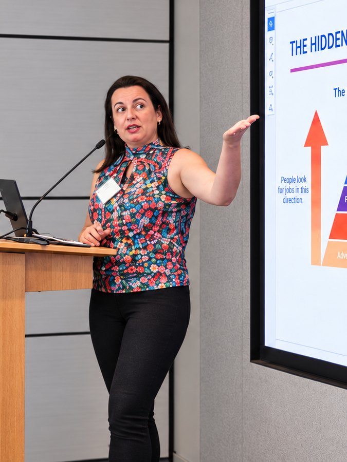 Tati Defácio apresentando a palestra The Hidden Job Market