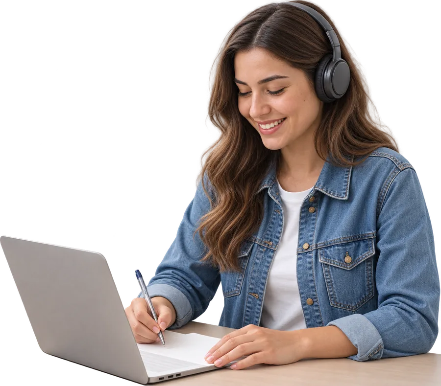 Estudante sorrindo com fones de ouvido, fazendo anotações ao lado do notebook